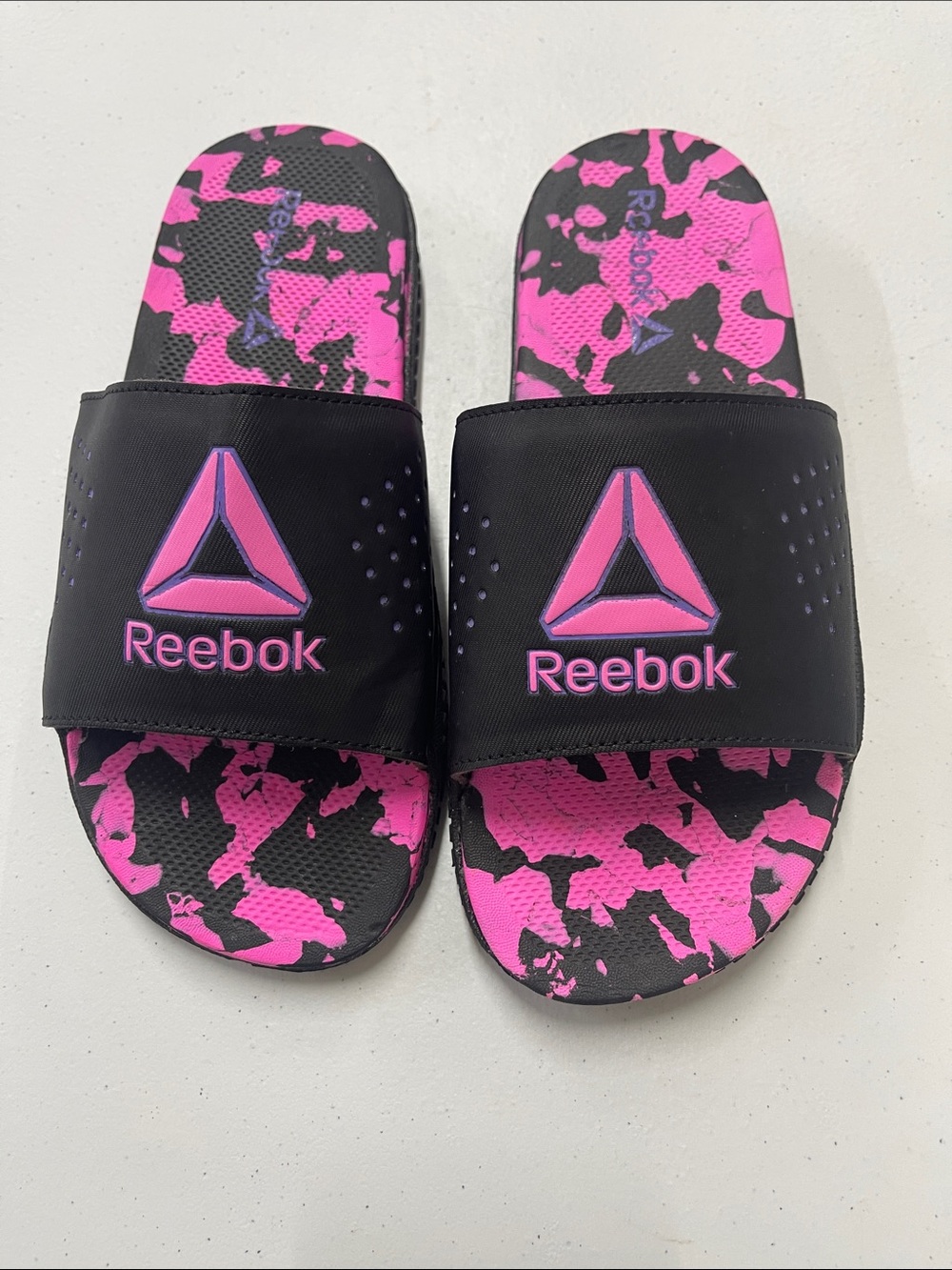 Reebok Black Slide Sandals with Hot Pink Camo Footbed